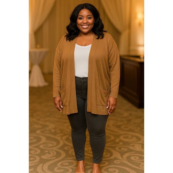 Terra & Sky Plus Size 2X Cardigan Sweater Open Front Ribbed Light Brown Pockets - Picture 8 of 10